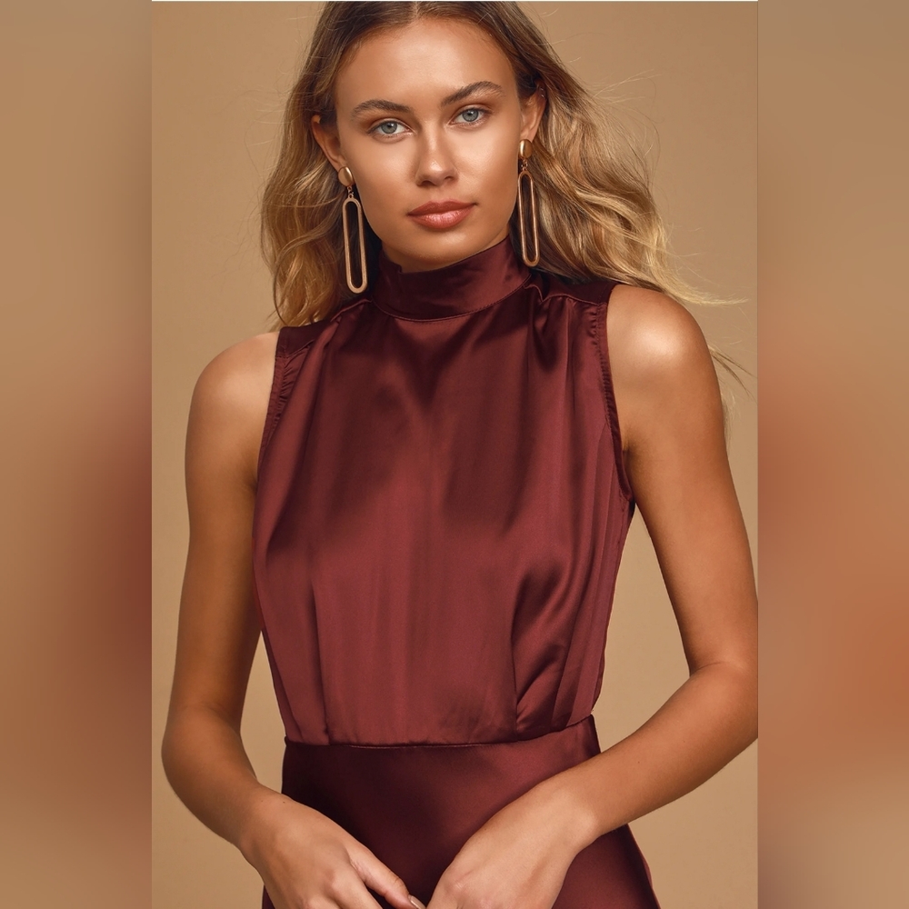 New Classic Elegance Wine Satin Sleeveless Mock Neck Maxi Dress Size xl